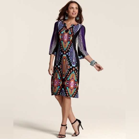 Chico's Dresses & Skirts - Chico's Black Purple Orange Teal Boho Tribal Print Geometric Midi Dress